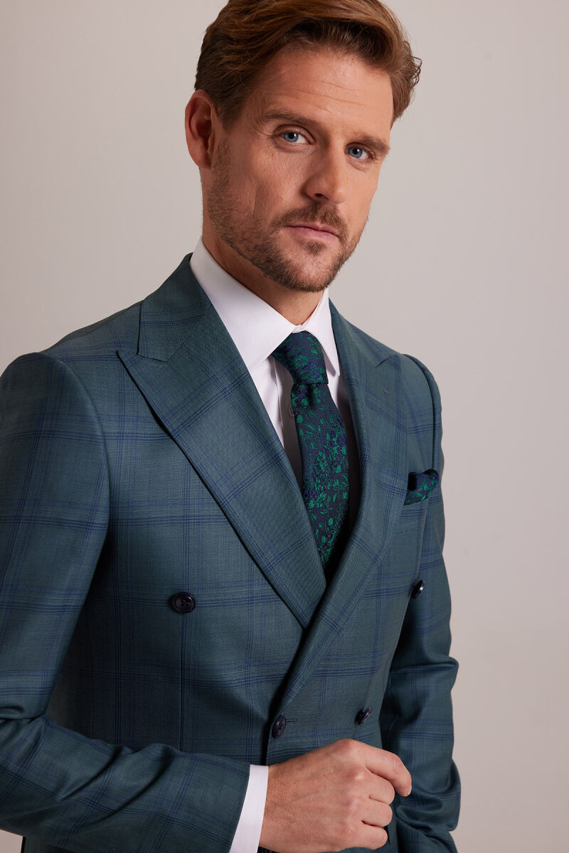 Erkek Yeşil Lacivert Regular Fit Kareli Kruvaze Takım Elbise - 6