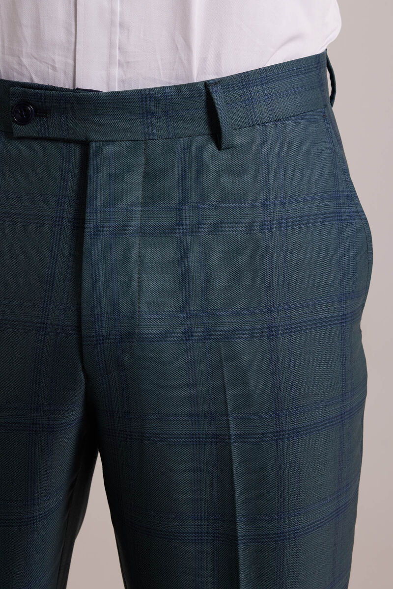 Erkek Yeşil Lacivert Regular Fit Kareli Kruvaze Takım Elbise - 8