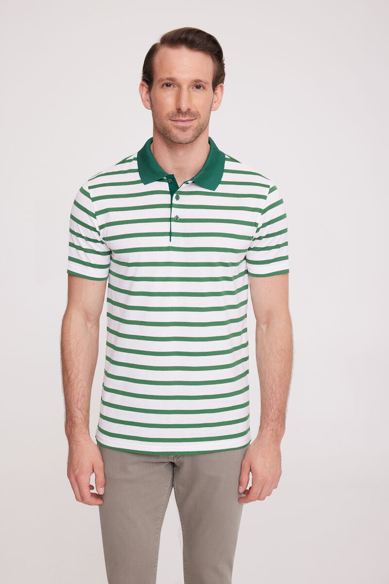 Erkek Yeşil Polo Yaka Çizgili T-Shirt - 3