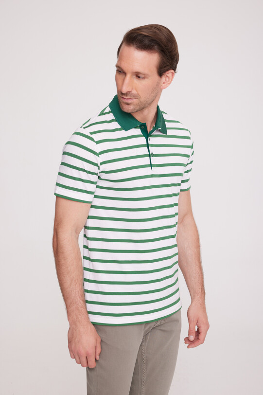 Erkek Yeşil Polo Yaka Çizgili T-Shirt