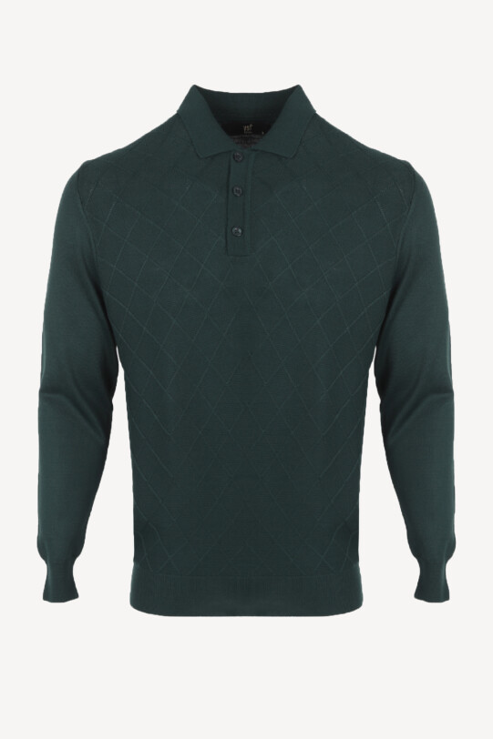 Erkek Yeşil Polo Yaka Desenli Klasik Triko