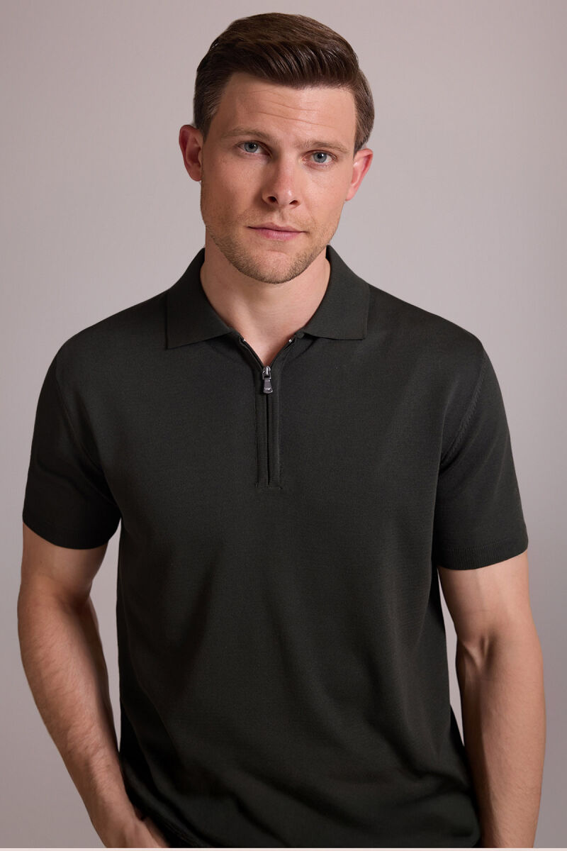 Erkek Yeşil Regular Fit Polo Yaka Fermuarlı Triko Tişört - 1