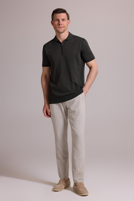 Erkek Yeşil Regular Fit Polo Yaka Fermuarlı Triko Tişört