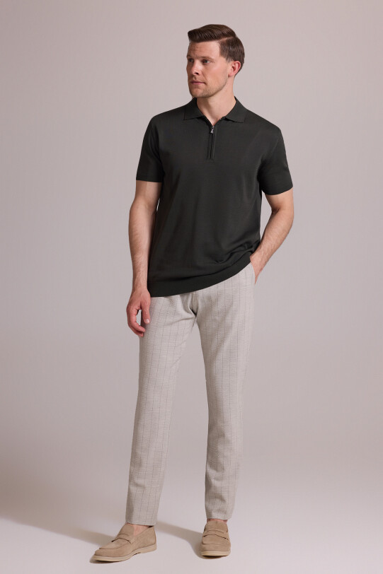 Erkek Yeşil Regular Fit Polo Yaka Fermuarlı Triko Tişört