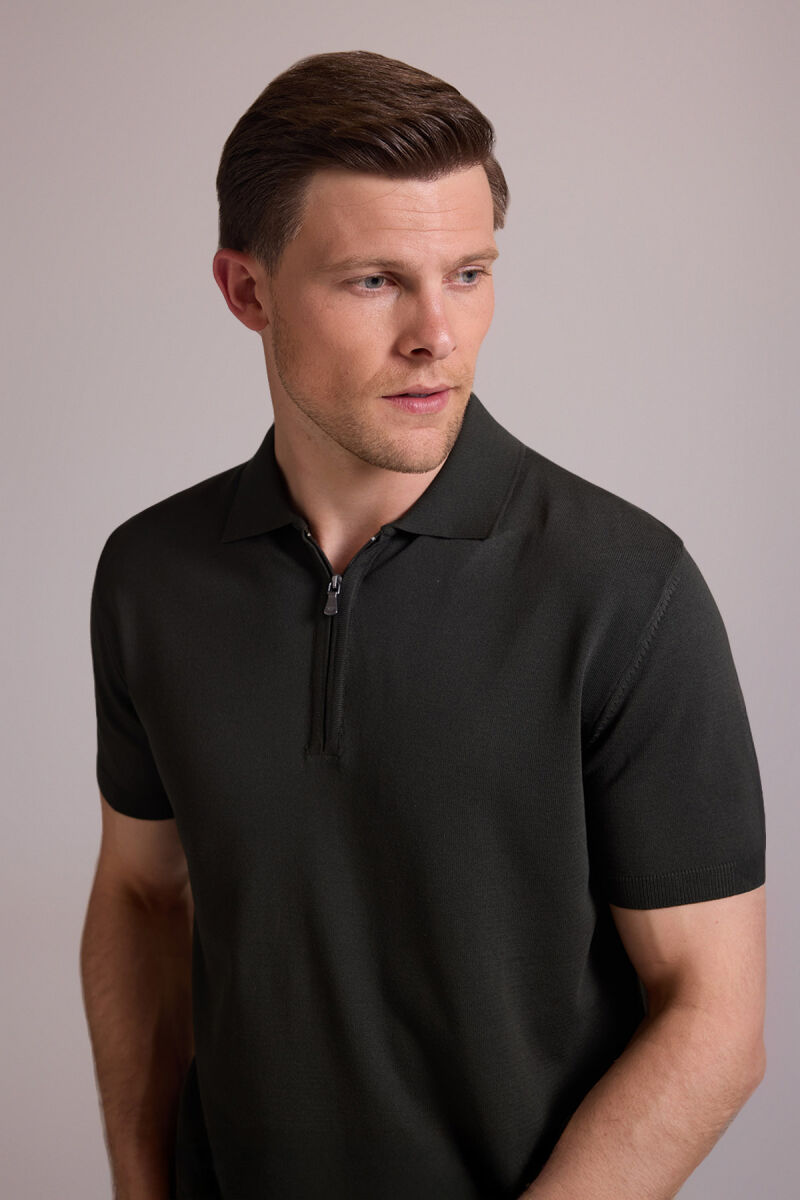 Erkek Yeşil Regular Fit Polo Yaka Fermuarlı Triko Tişört - 5