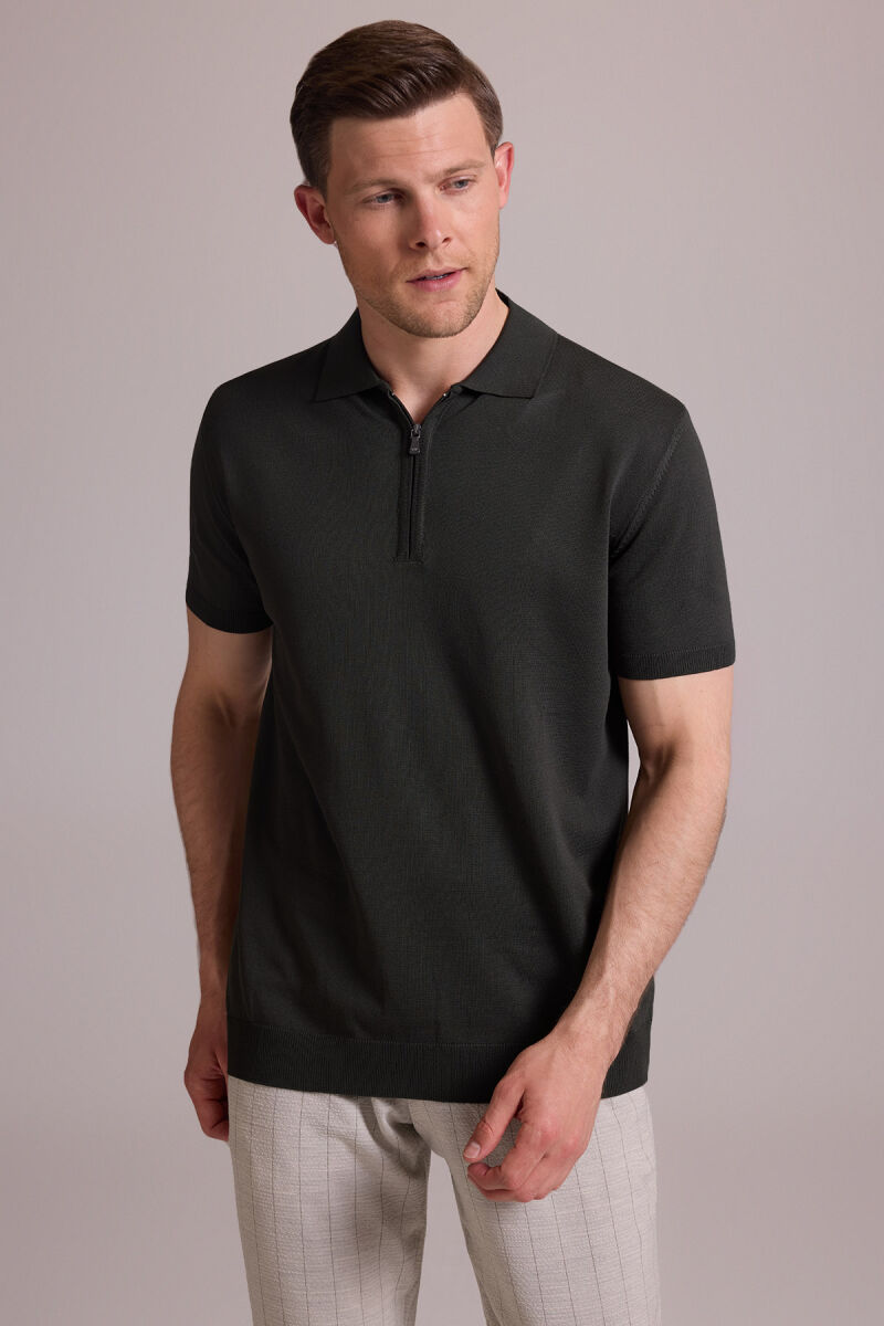 Erkek Yeşil Regular Fit Polo Yaka Fermuarlı Triko Tişört - 6