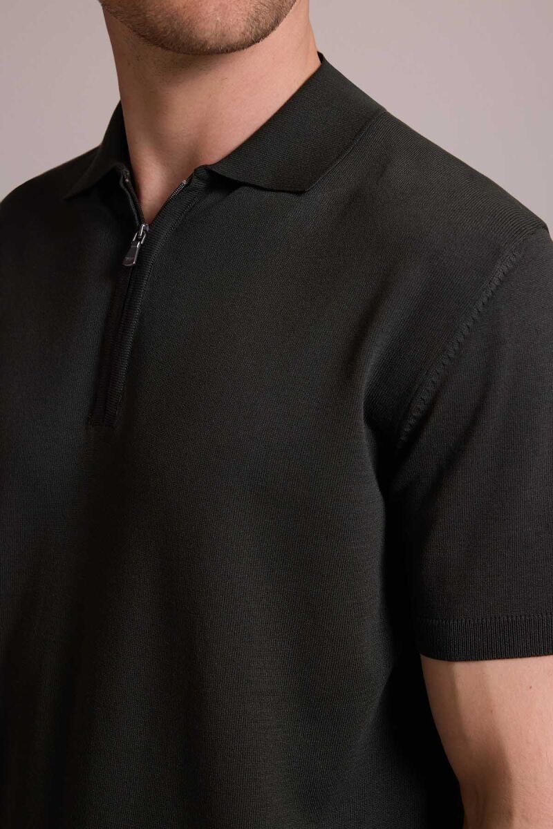 Erkek Yeşil Regular Fit Polo Yaka Fermuarlı Triko Tişört - 7