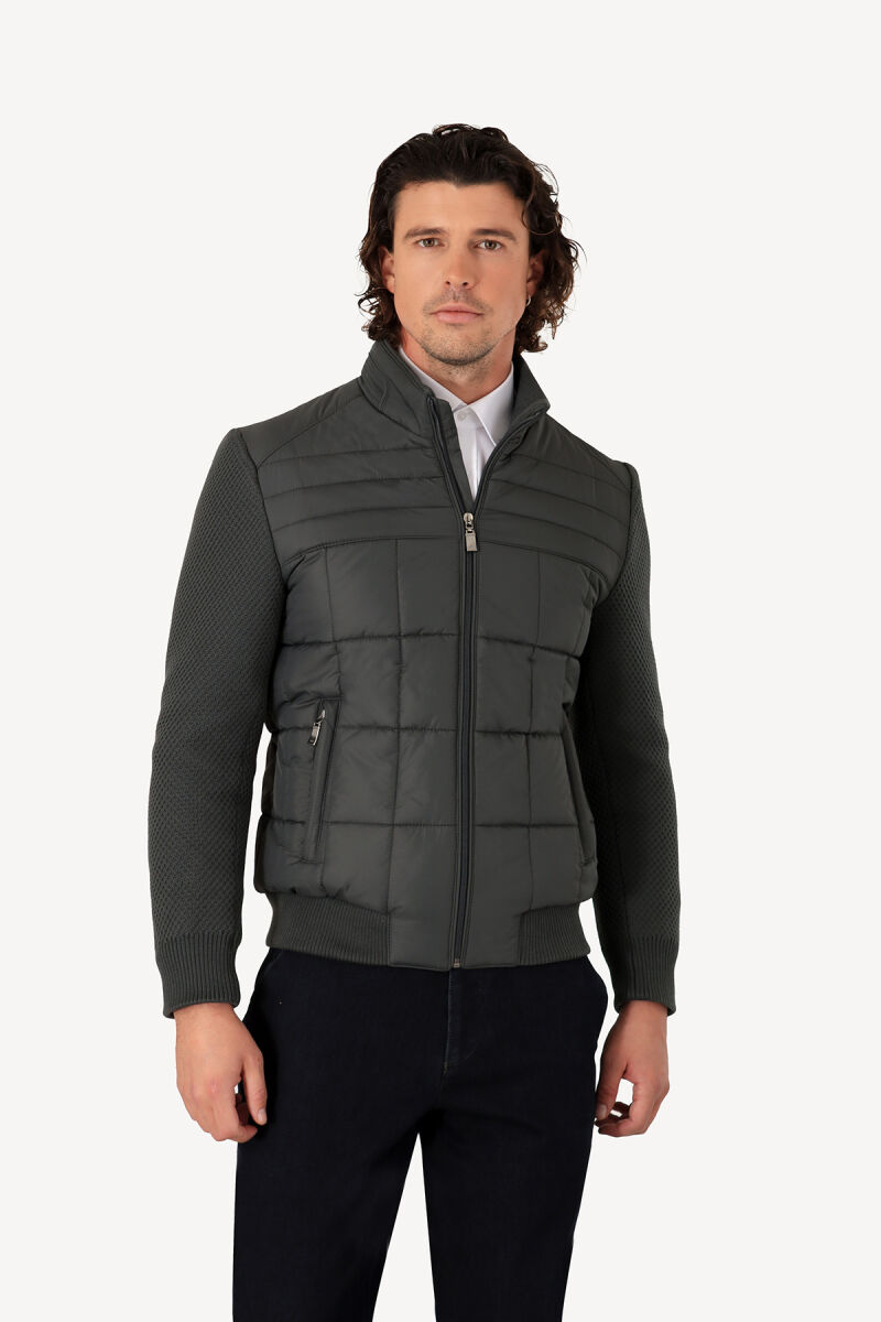 Erkek Yeşil Slim Fit Kolu Trikolu Mont - 1