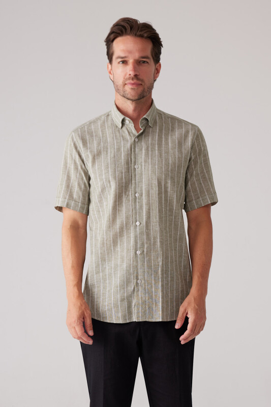 Erkek Yeşil Slim Fit Pamuk Keten Karışımlı Çizgili Gömlek