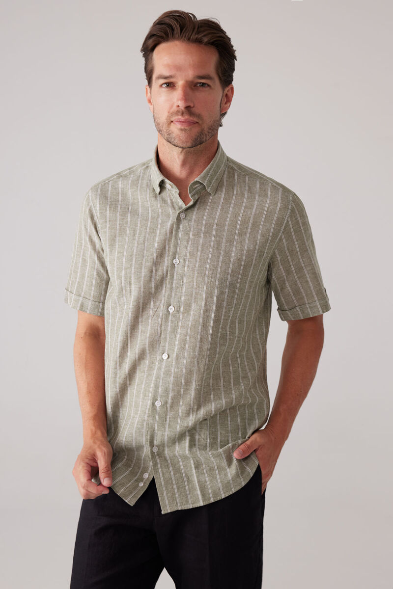 Erkek Yeşil Slim Fit Pamuk Keten Karışımlı Çizgili Gömlek - 2