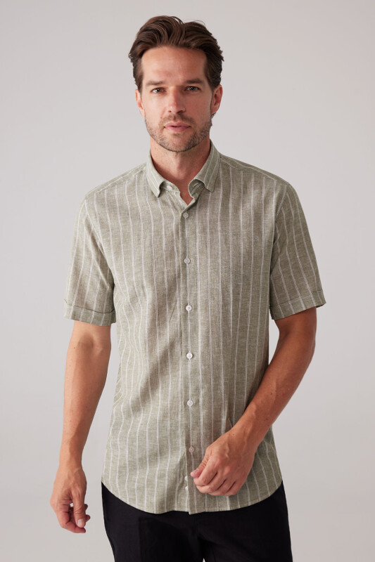 Erkek Yeşil Slim Fit Pamuk Keten Karışımlı Çizgili Gömlek