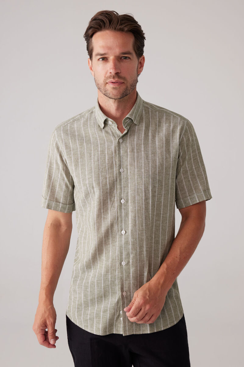 Erkek Yeşil Slim Fit Pamuk Keten Karışımlı Çizgili Gömlek - 4