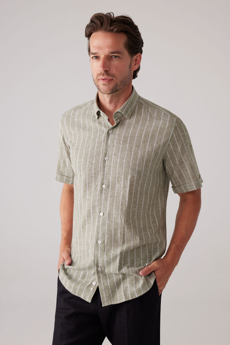 Erkek Yeşil Slim Fit Pamuk Keten Karışımlı Çizgili Gömlek - 5