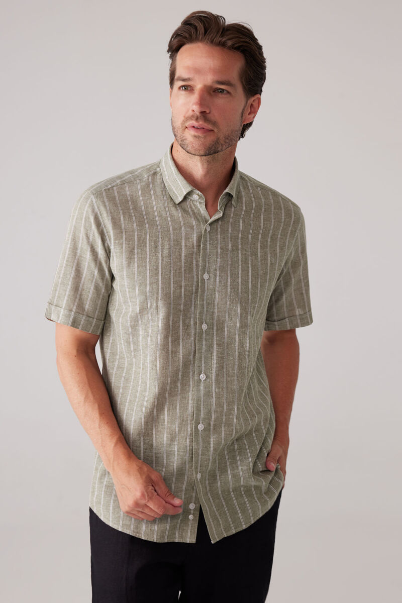Erkek Yeşil Slim Fit Pamuk Keten Karışımlı Çizgili Gömlek - 6