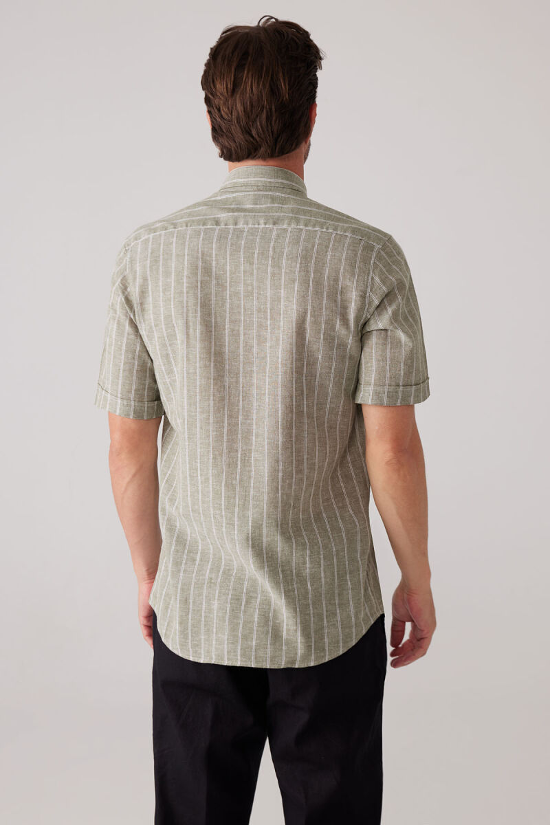 Erkek Yeşil Slim Fit Pamuk Keten Karışımlı Çizgili Gömlek - 8