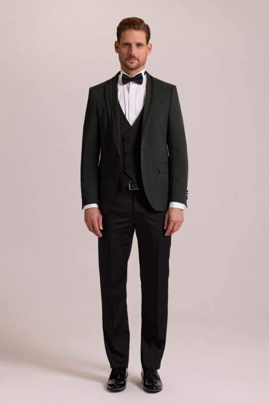 Erkek Yeşil Slim Fit Şal Yaka Yelekli Damatlık