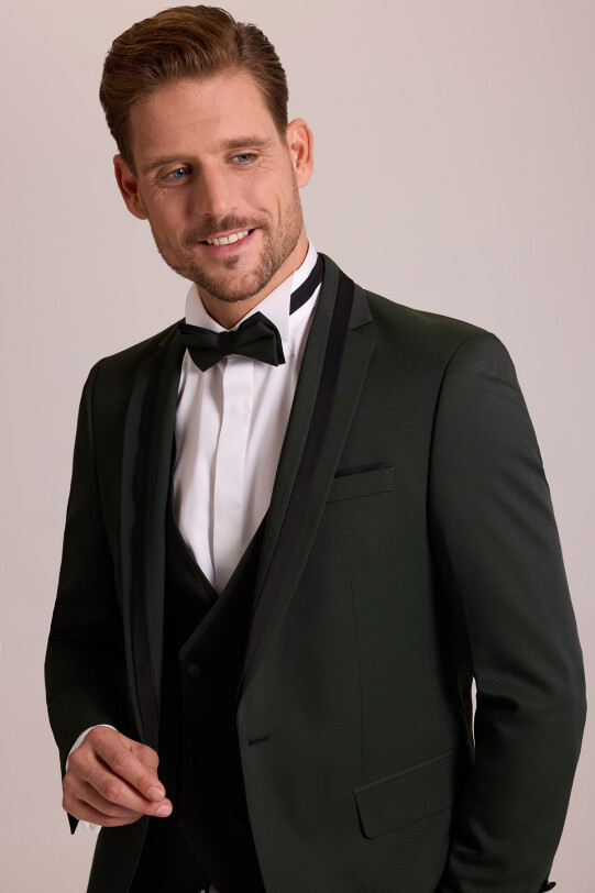 Erkek Yeşil Slim Fit Şal Yaka Yelekli Damatlık