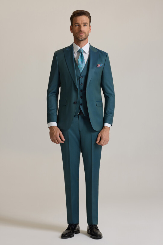 Erkek Yeşil Slim Fit Sivri Yaka Yelekli %100 Yün Takım Elbise