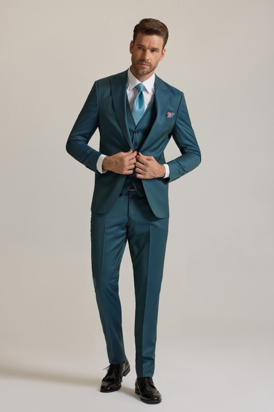 Erkek Yeşil Slim Fit Sivri Yaka Yelekli %100 Yün Takım Elbise