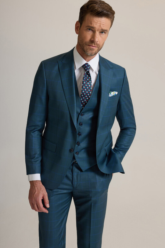 Erkek Yeşil Slim Fit Sivri Yaka Yelekli %100 Yün Takım Elbise