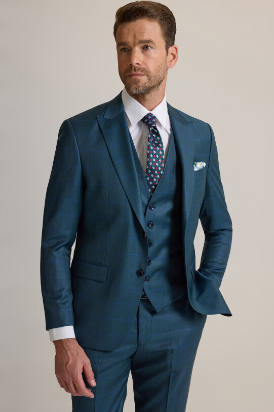 Erkek Yeşil Slim Fit Sivri Yaka Yelekli %100 Yün Takım Elbise