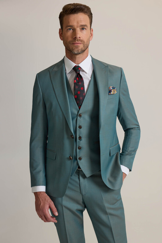 Erkek Yeşil Slim Fit Sivri Yaka Yelekli %100 Yün Takım Elbise