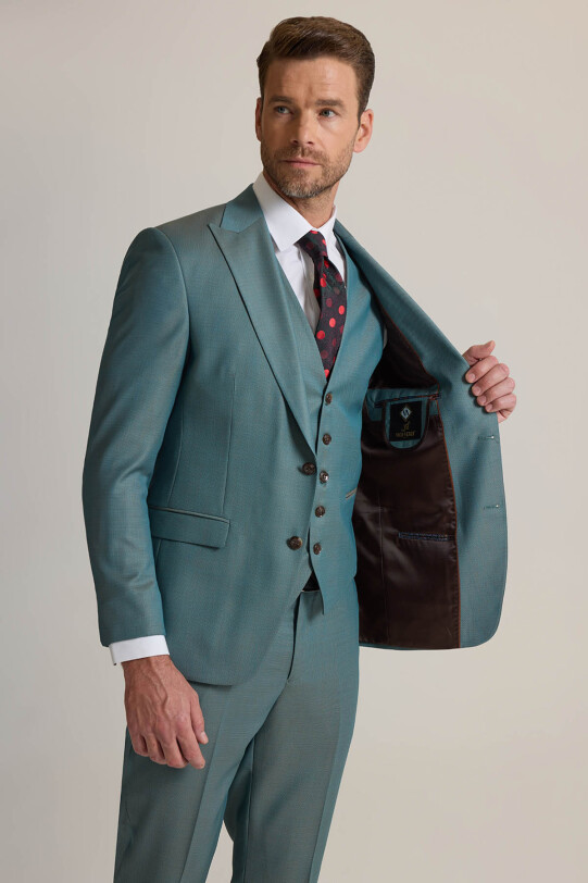 Erkek Yeşil Slim Fit Sivri Yaka Yelekli %100 Yün Takım Elbise