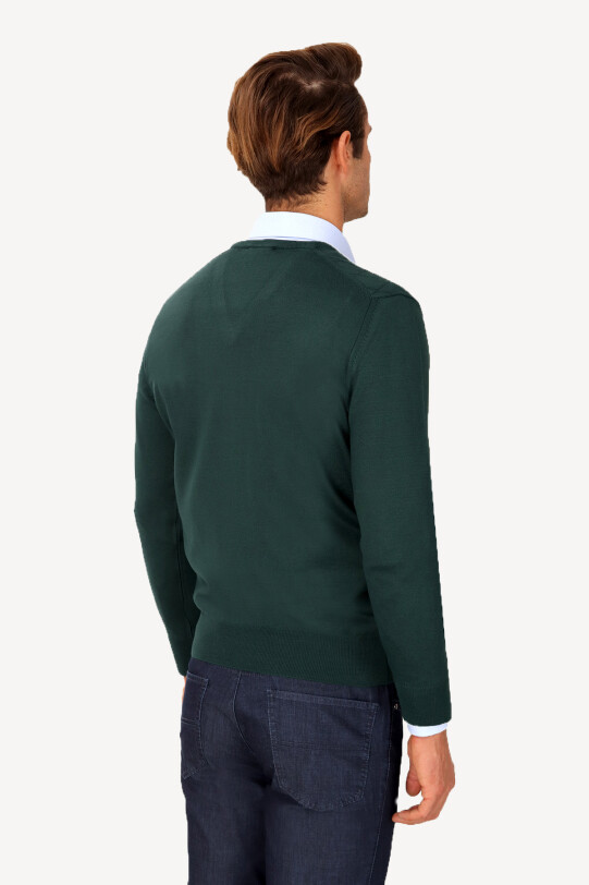 Erkek Yeşil V Yaka Klasik Desenli Triko