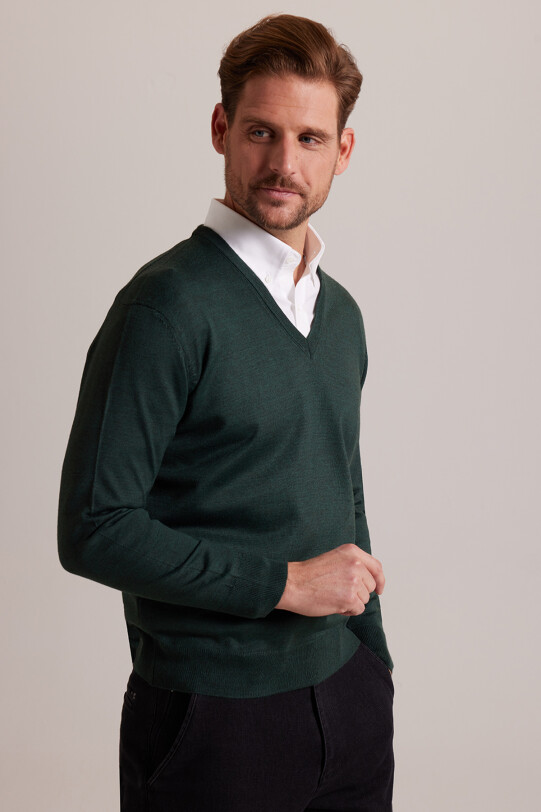 Erkek Yeşil V Yaka Klasik Triko