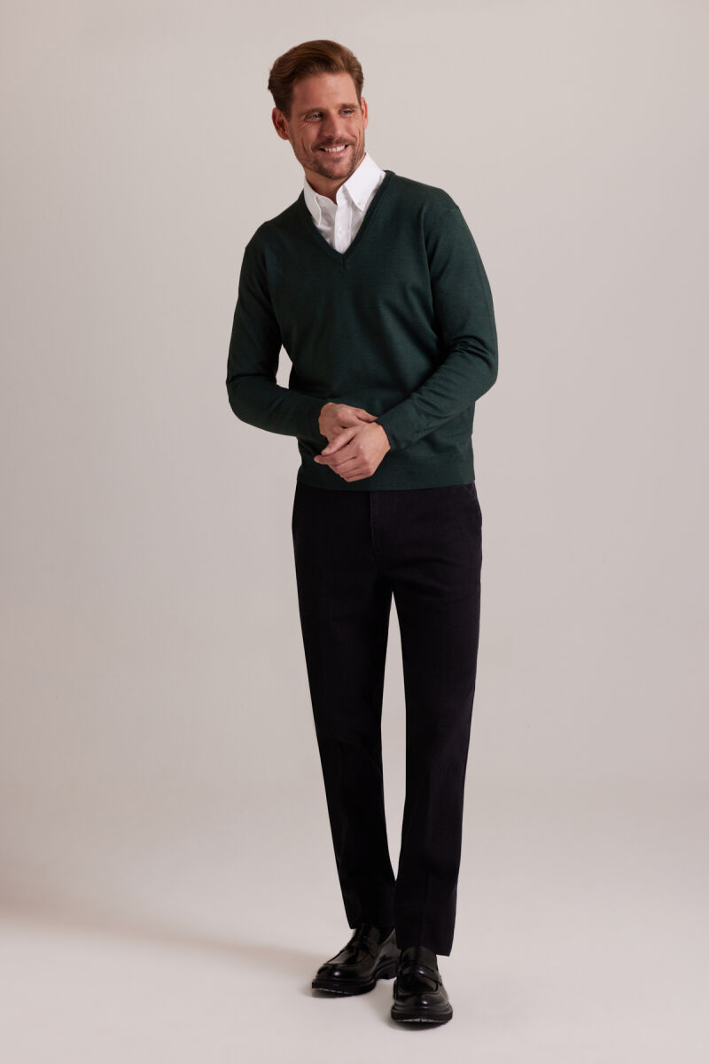 Erkek Yeşil V Yaka Klasik Triko - 3