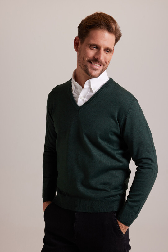 Erkek Yeşil V Yaka Klasik Triko