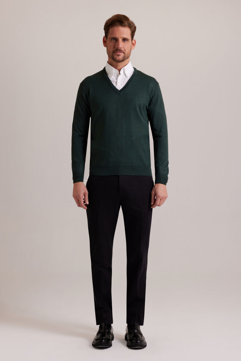 Erkek Yeşil V Yaka Klasik Triko - 5