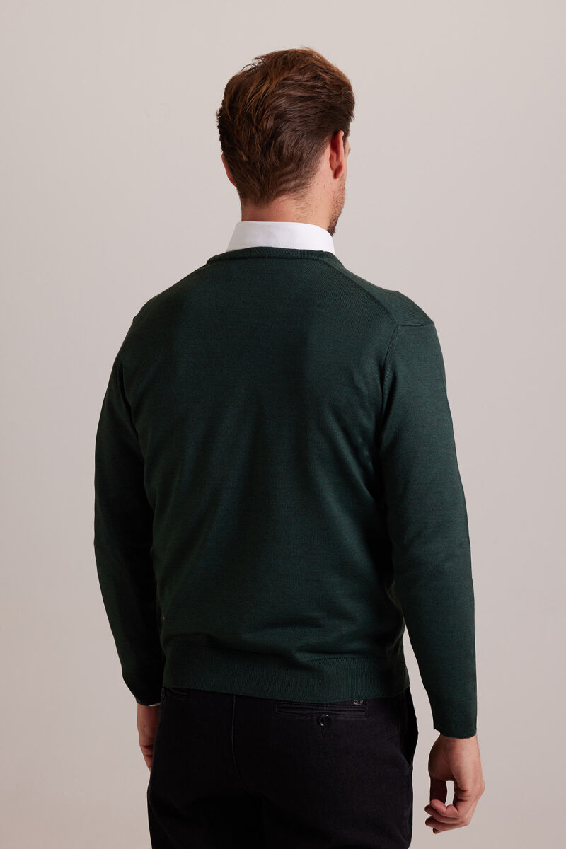 Erkek Yeşil V Yaka Klasik Triko - 6