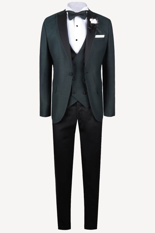 Erkek Yeşil Yelekli Şal Yaka Slim Fit Damatlık