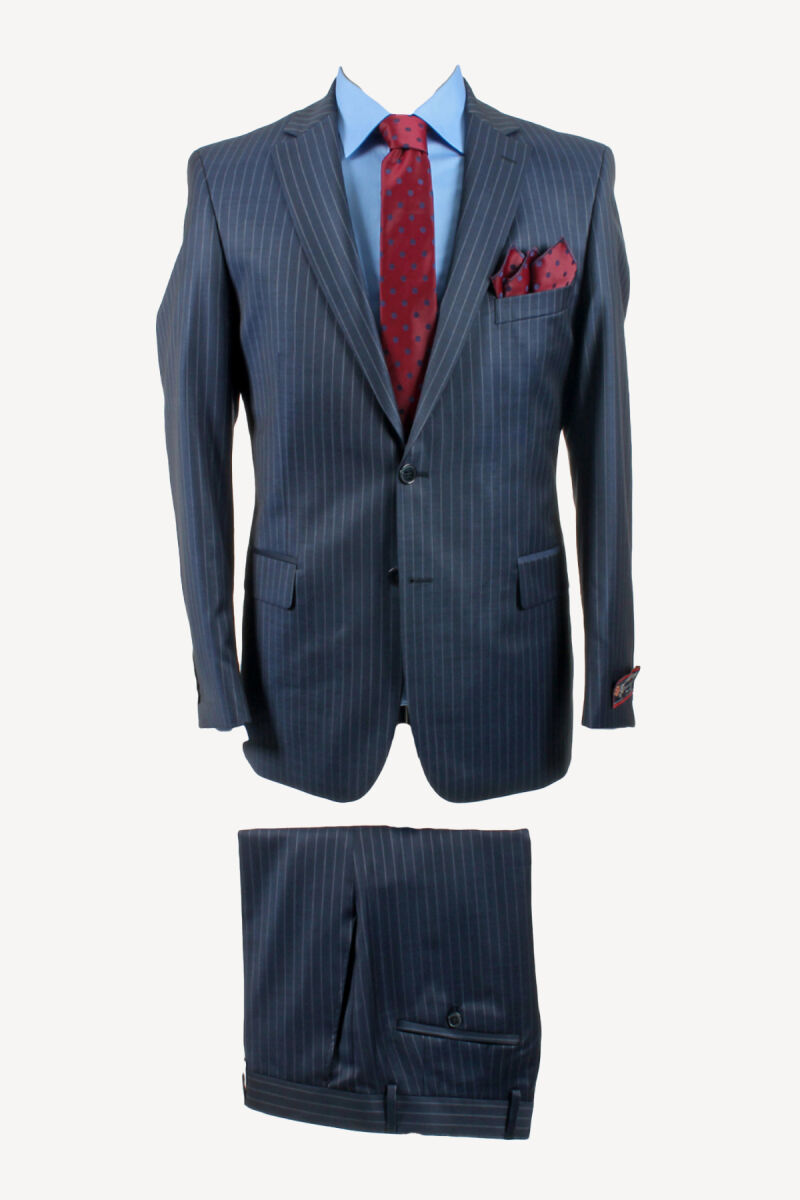 Erkek Lacivert Çizgili %100 Yün Takım Elbise - 1