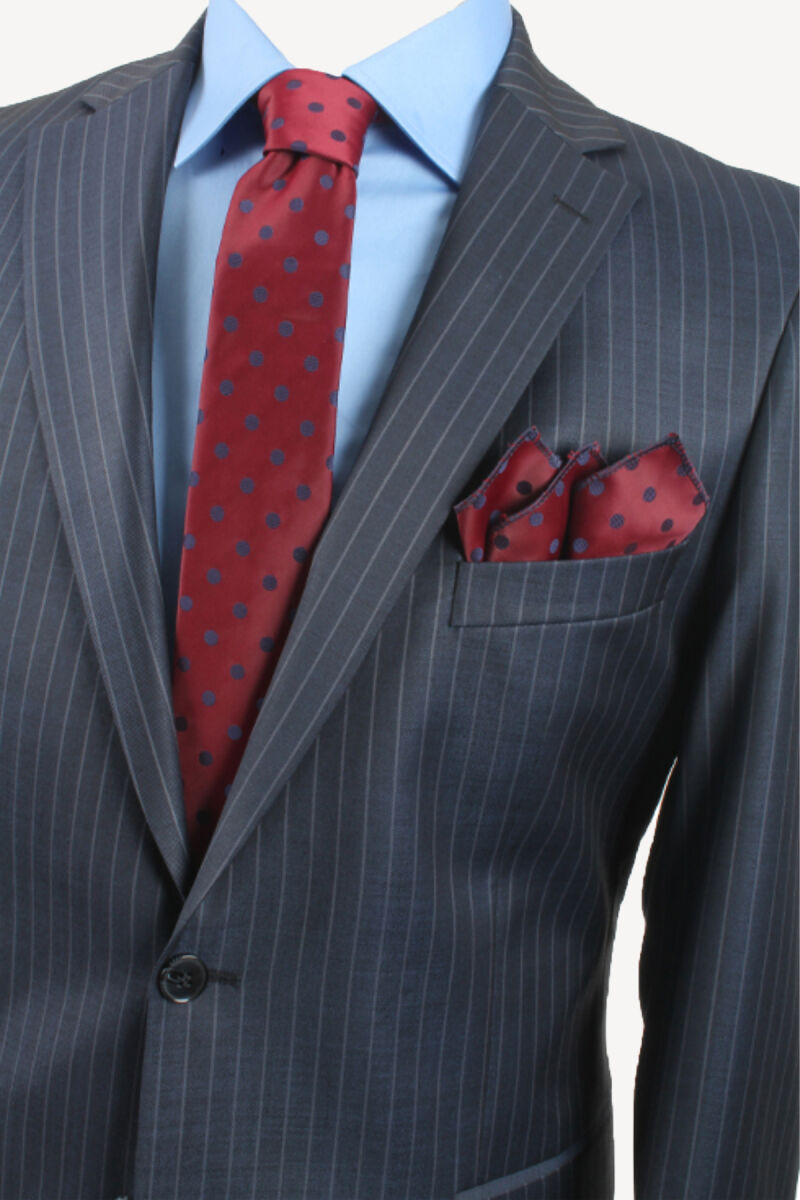 Erkek Lacivert Çizgili %100 Yün Takım Elbise - 3