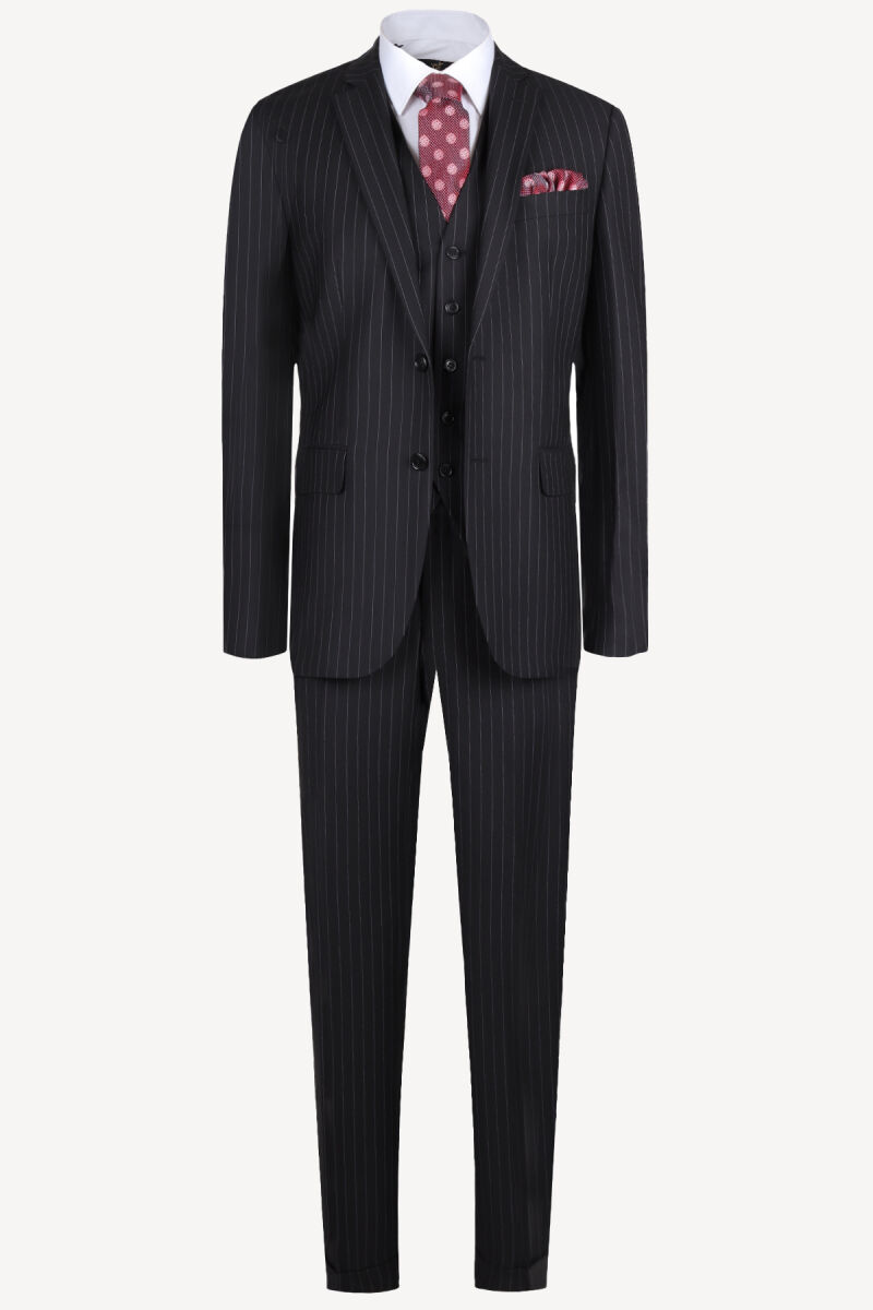 Erkek Siyah Regular Fit Yelekli Çizgili Takım Elbise - 1