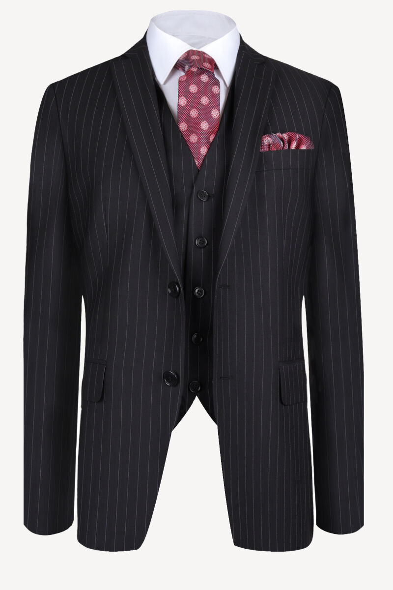 Erkek Siyah Regular Fit Yelekli Çizgili Takım Elbise - 2