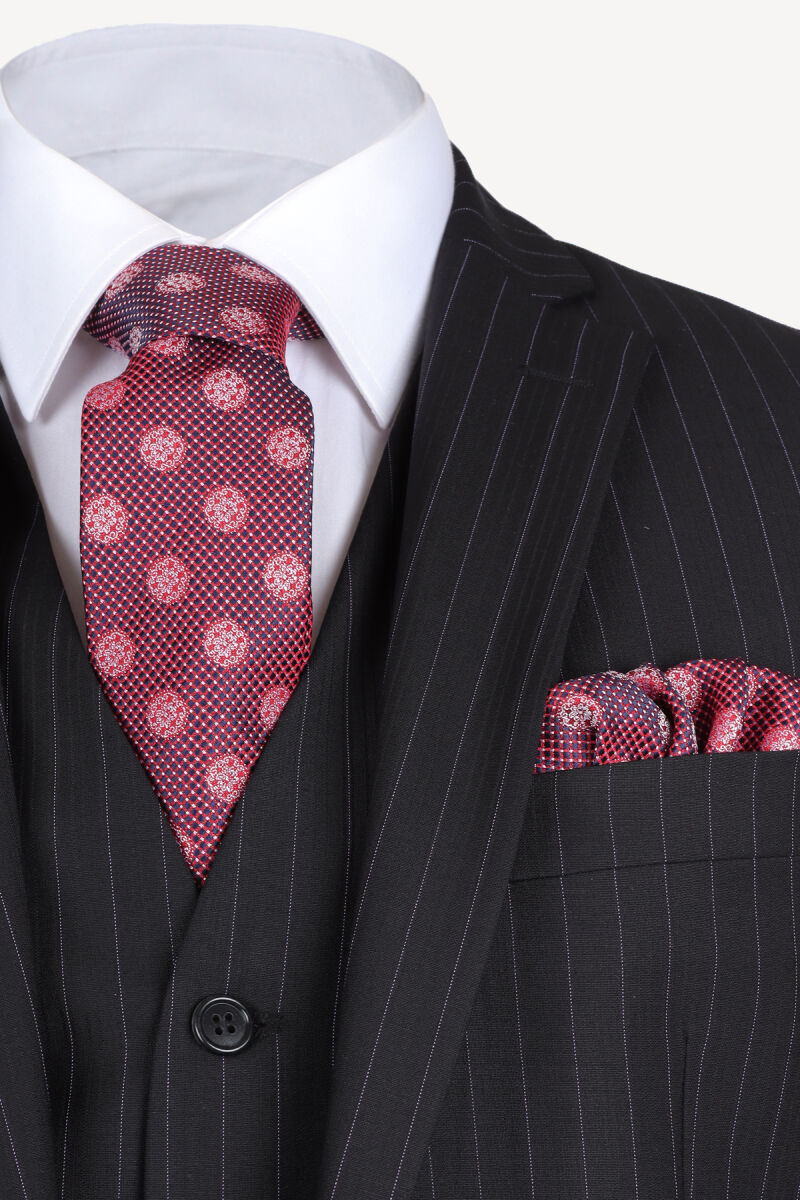 Erkek Siyah Regular Fit Yelekli Çizgili Takım Elbise - 3