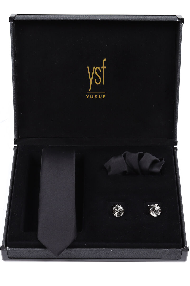 Erkek Siyah Kravat Mendil Kol Düğmesi Set - 1