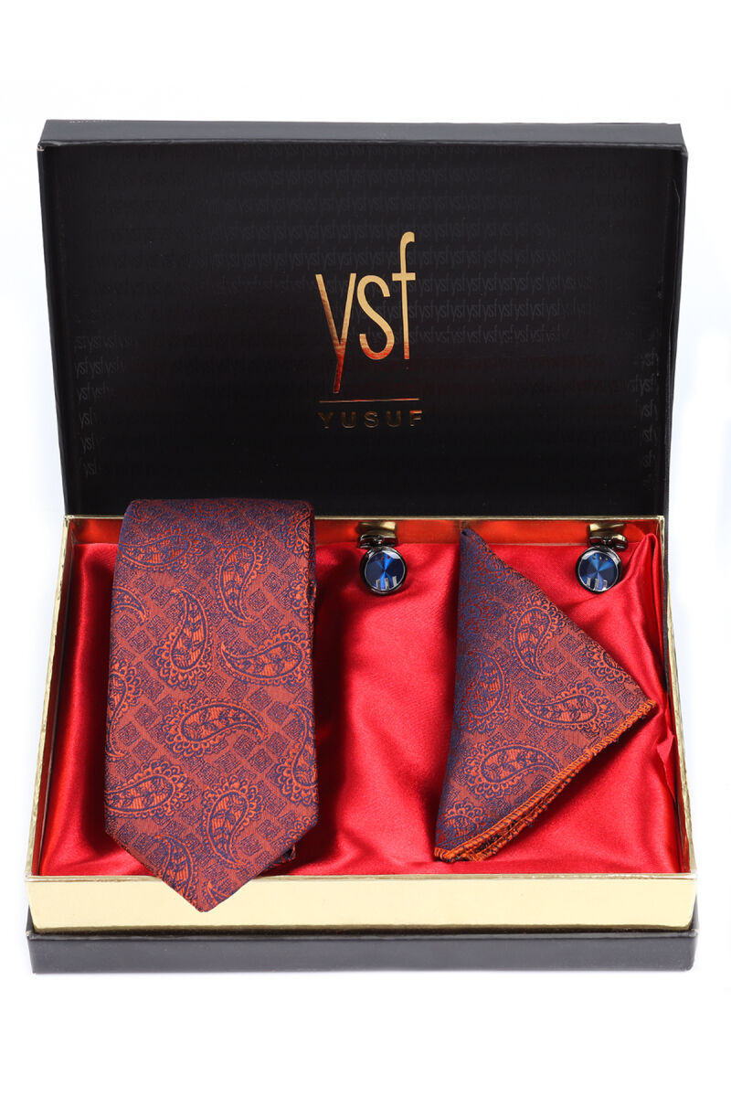 Erkek Turuncu Lacivert Kravat Mendil Kol Düğmesi Set - 1