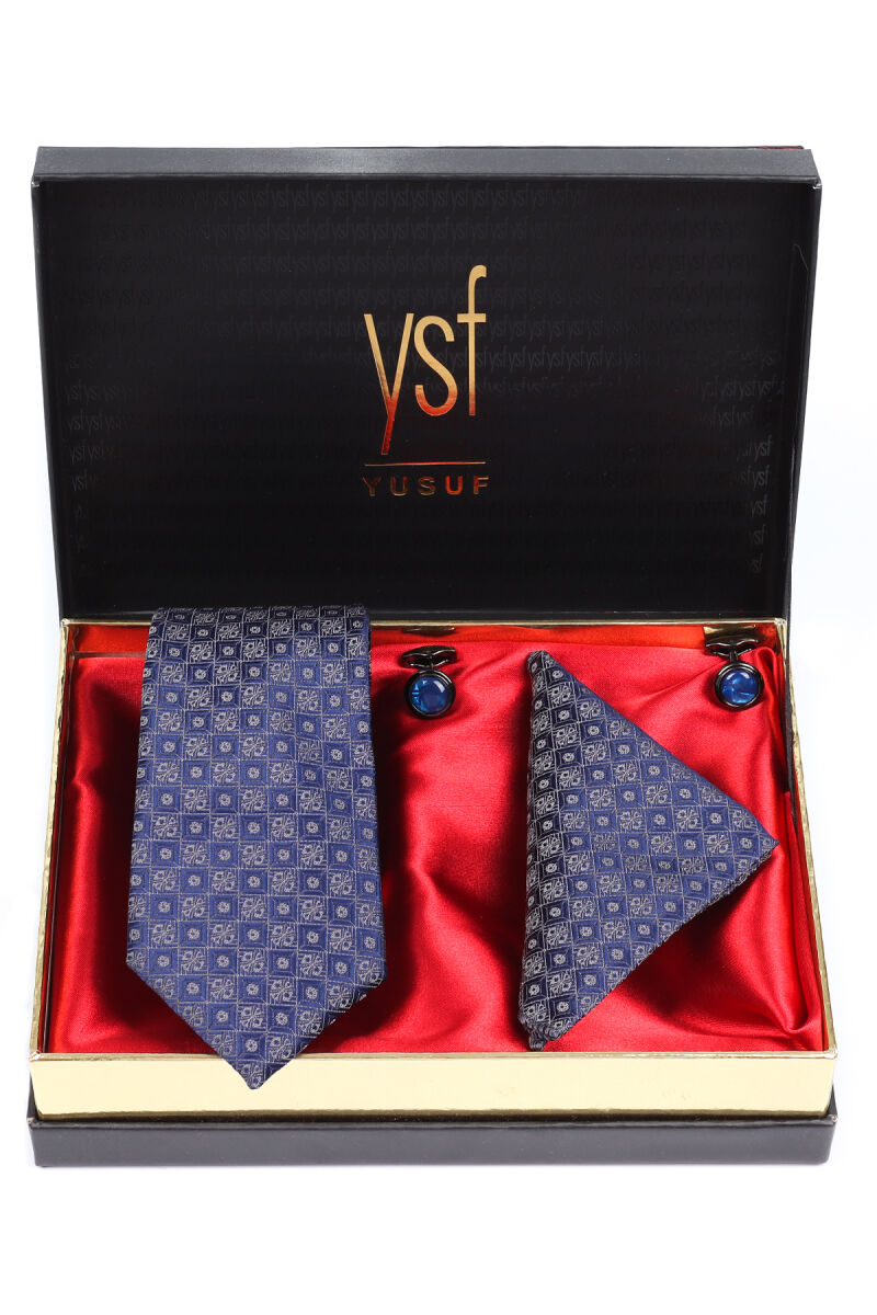 Erkek Lacivert Gri Kravat Mendil Kol Düğmesi Set - 1