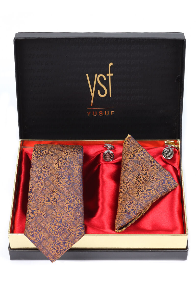 Erkek Lacivert Bakır Kravat Mendil Kol Düğmesi Set - 1