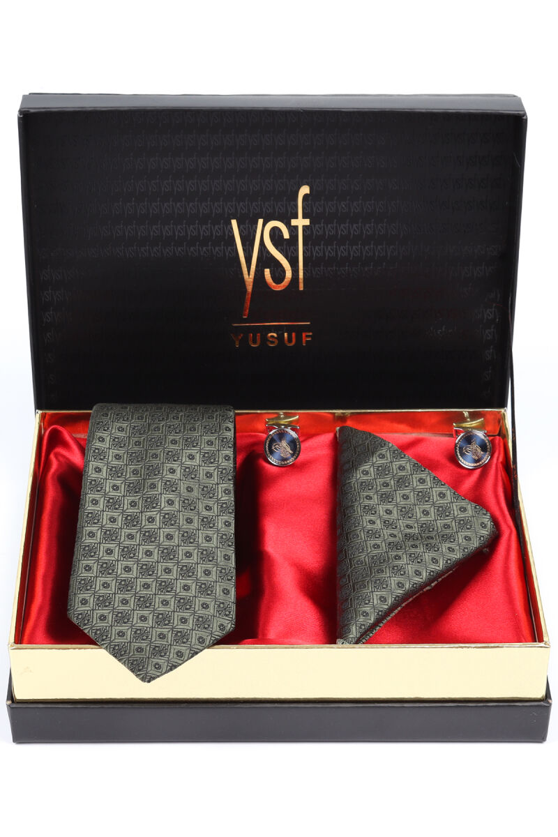 Erkek Yeşil Kravat Mendil Kol Düğmesi Set - 1