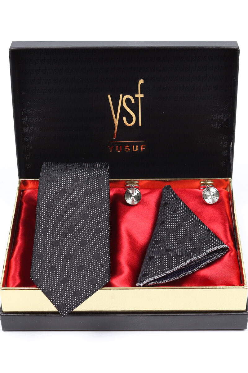Erkek Siyah Kravat Mendil Kol Düğmesi Set - 1