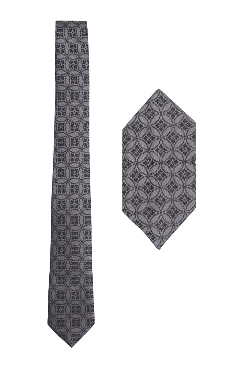 Erkek Siyah Gri Desenli Kravat & Mendil Set - 1