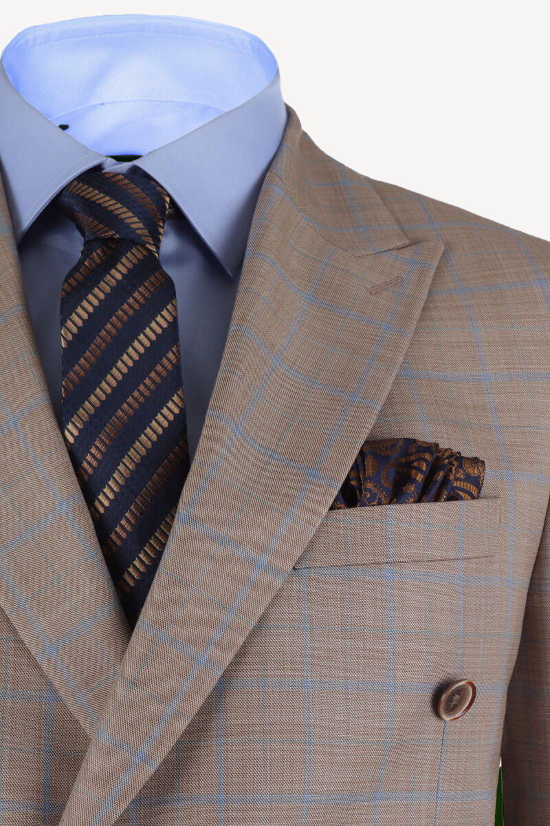 Erkek Kahverengi Çizgili Regular Fit Kruvaze Takım Elbise - 3