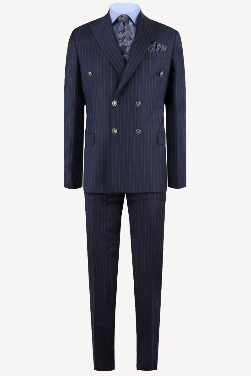 Erkek Parlament Çizgili Regular Fit Kruvaze Takım Elbise - 1