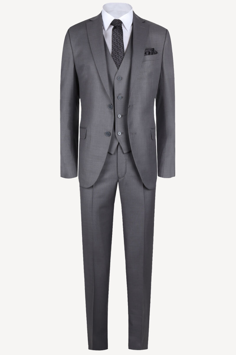 Erkek Gri Slim Fit Yelekli Takım Elbise - 1