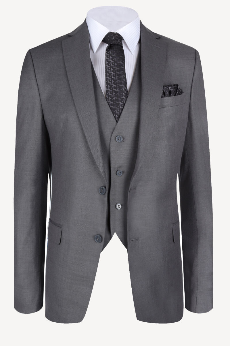 Erkek Gri Slim Fit Yelekli Takım Elbise - 2